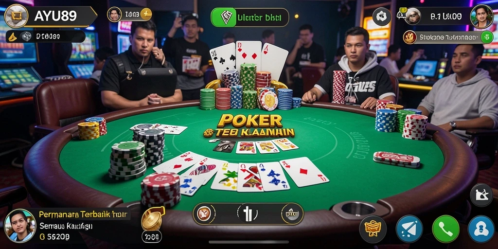 Tampilan gameplay yang seru dalam AYU89 dengan kartu dan meja poker.